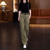 American retro casual overalls women's 1116 summer new design multi-pocket loose vertical straight pants