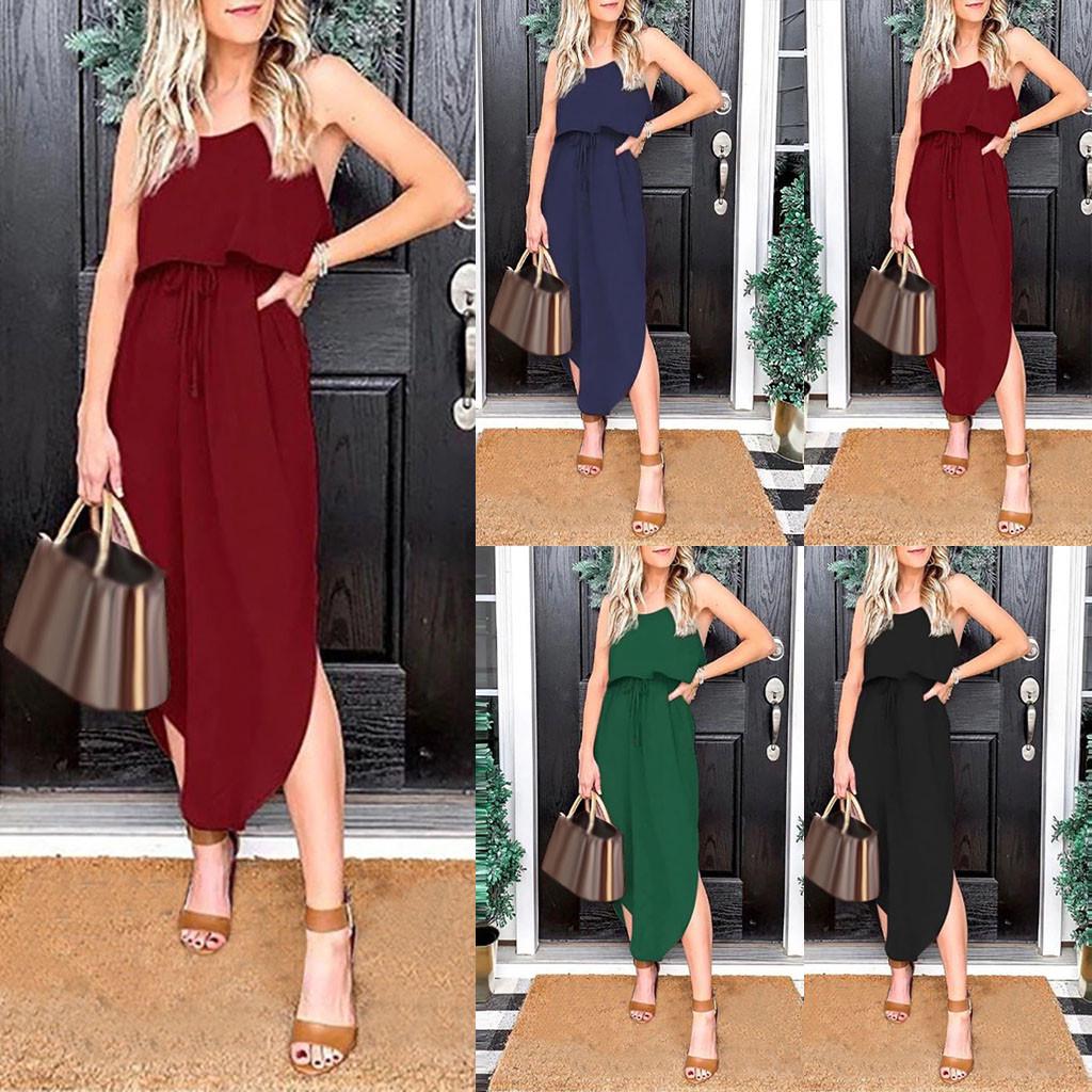 

Fashion Women Casual Solid Sleeveless Side Split Suspender Dress