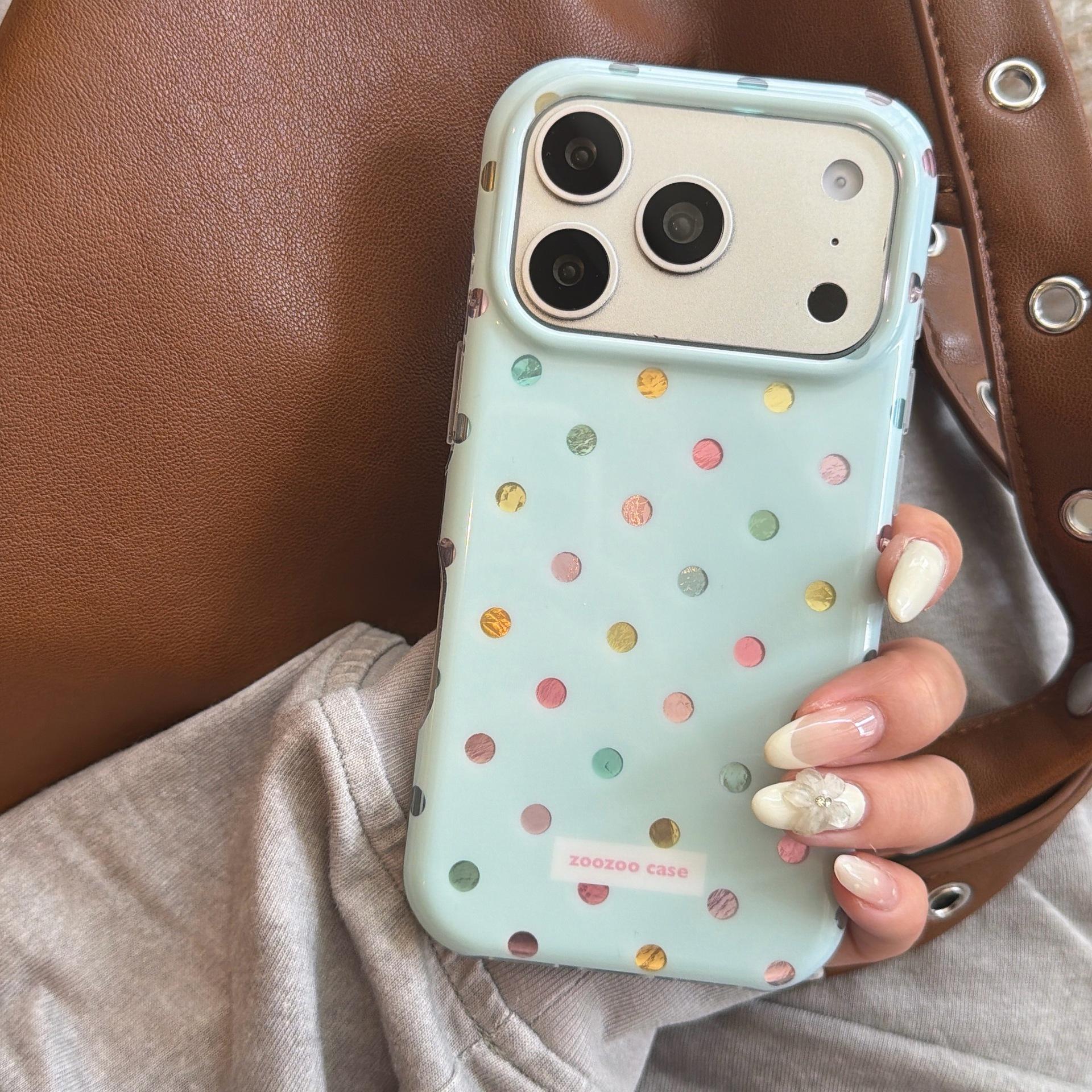 

Milky Blue Polka Dot Phone Case, Compatible with Apple 17 Pro Max/16/15 Pro/14 - Korean Style for Women. iPhone 17