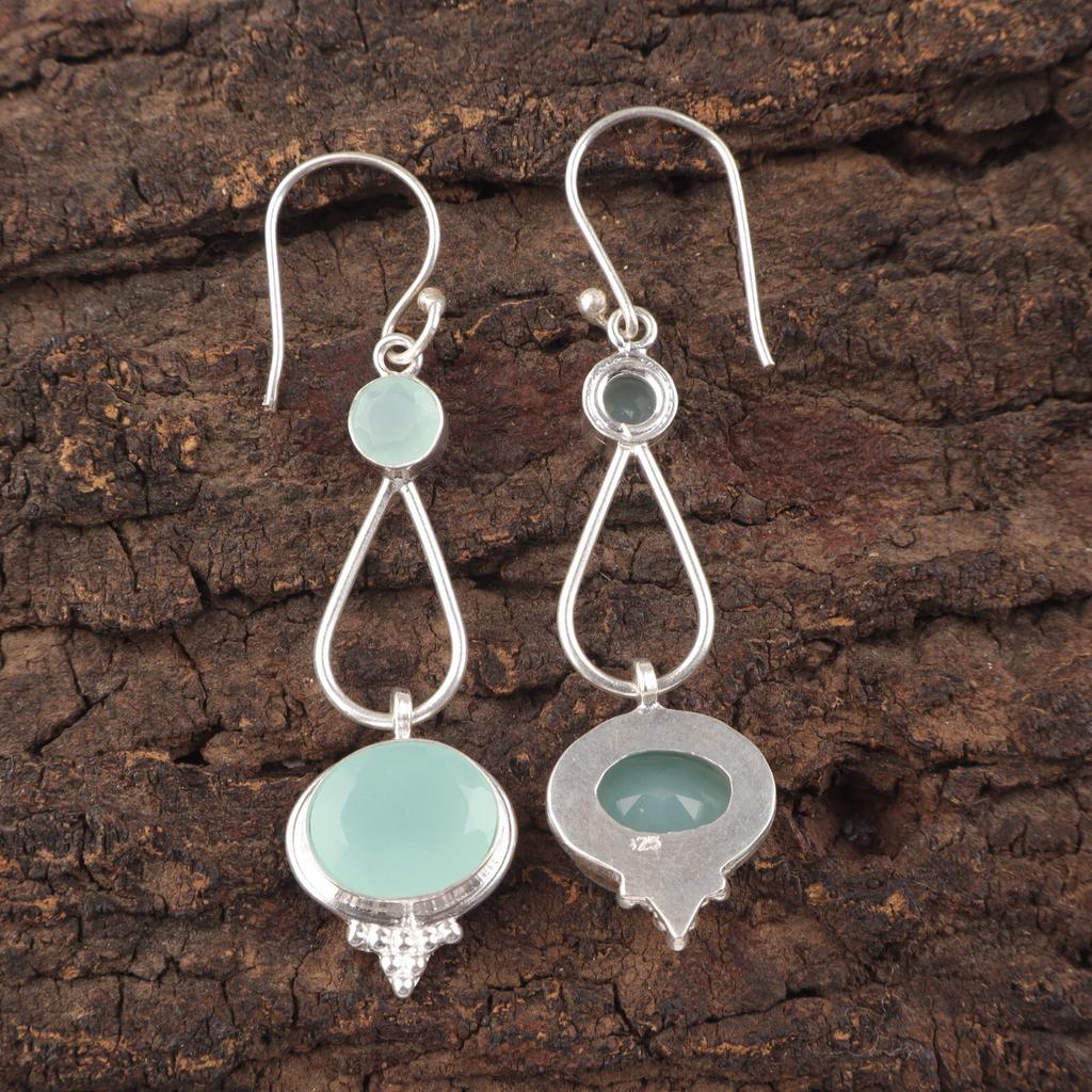 925 Sterling Silver Aqua Chalcedony Gemstone Handcrafted Jewelry Earrings 2.50" EE-132-16