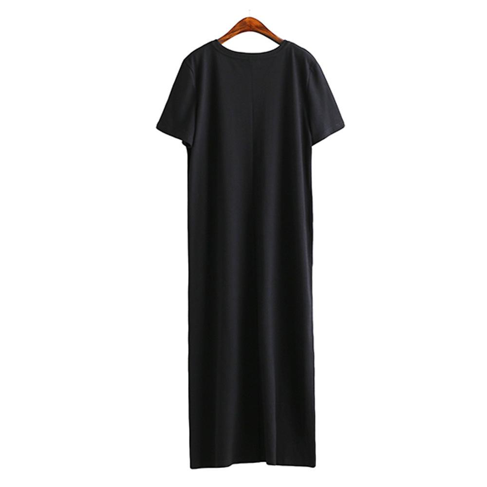 European and American fashion street photography personalized women's round neck high slit long loose T-shirt A-line dress