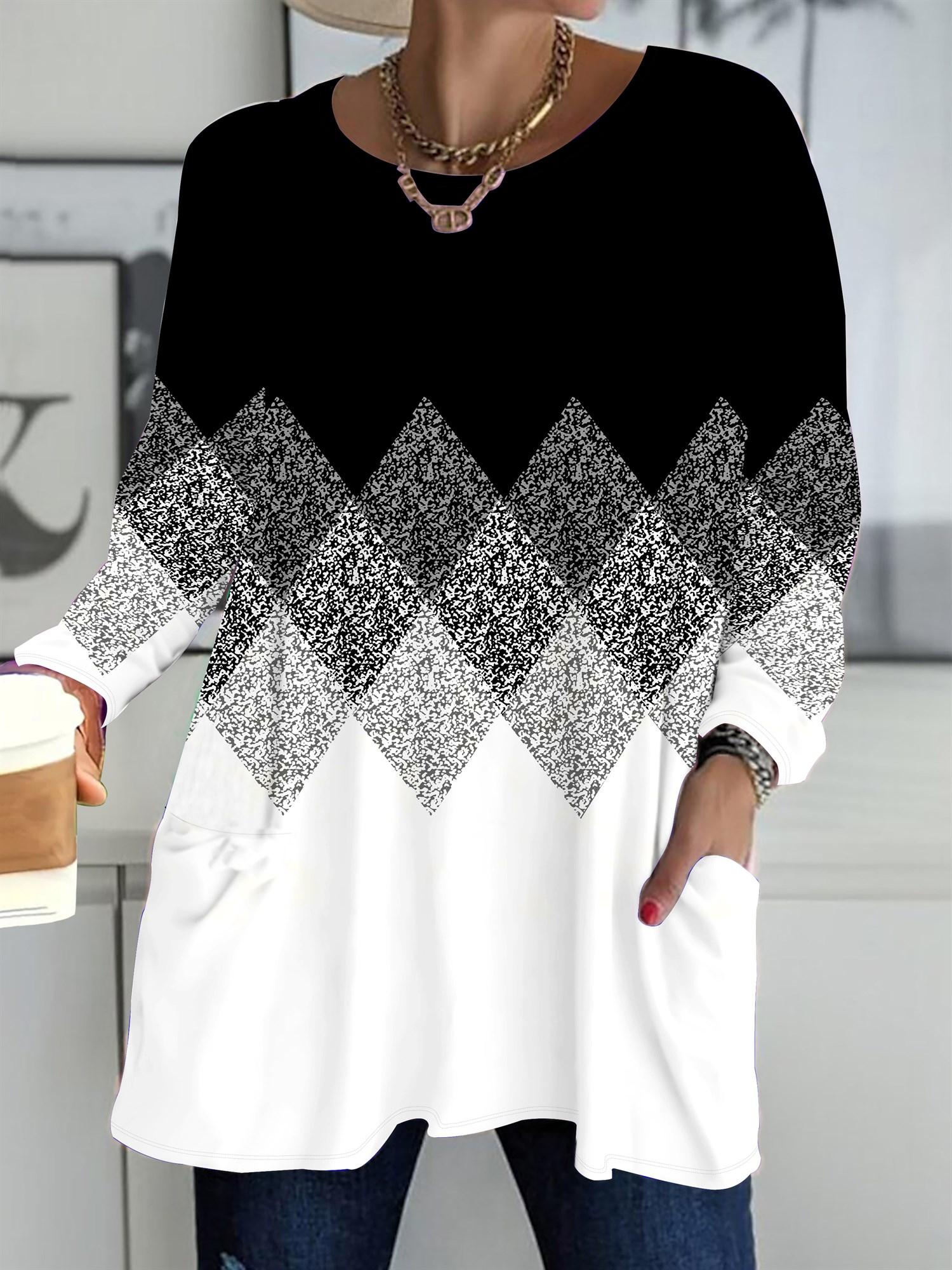 

2025 Осень Зима Новые Женские Топы Большого Размера, Модные Футболки с 3D-принтом в клетку, с круглым вырезом и длинным рукавом 5XL серый