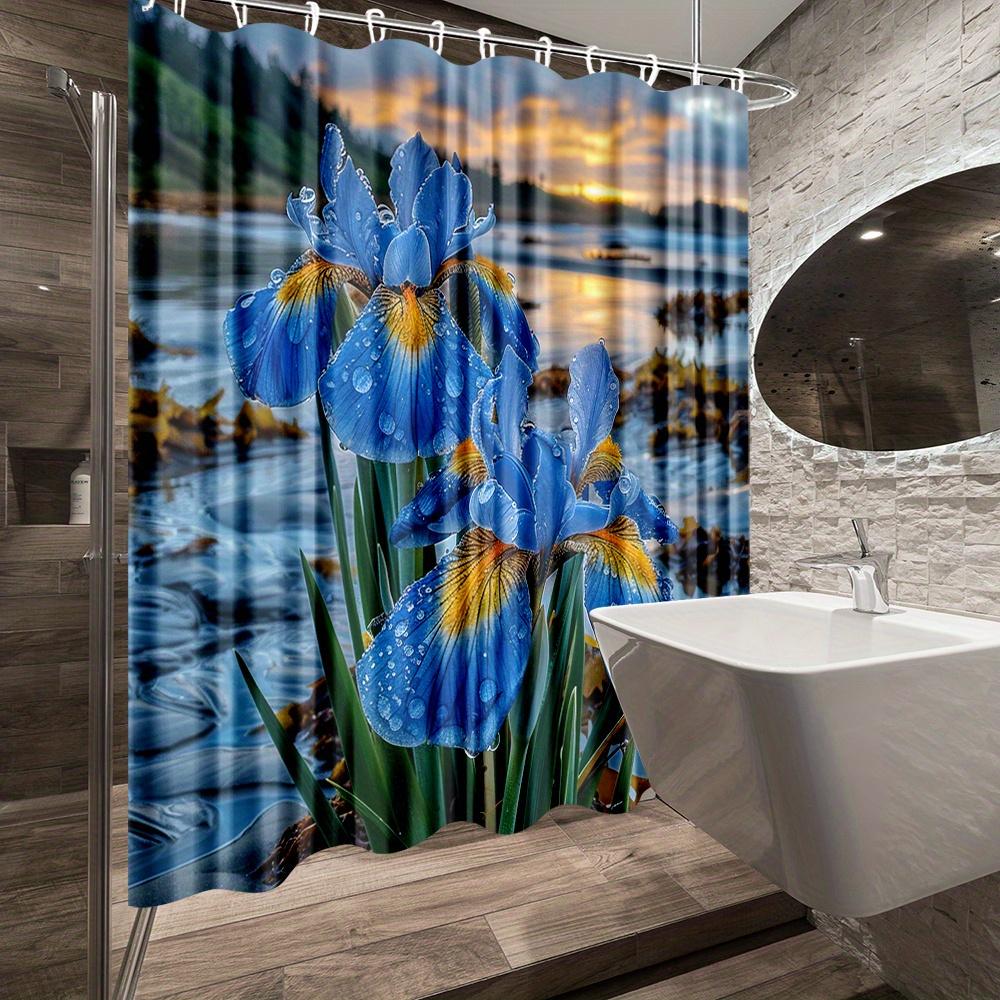 1Pc Floral Forest Shower Curtain-Vibrant Iris And Sunset Lake Design, Durable Polyester Fabric Decorative Shower Curtain,