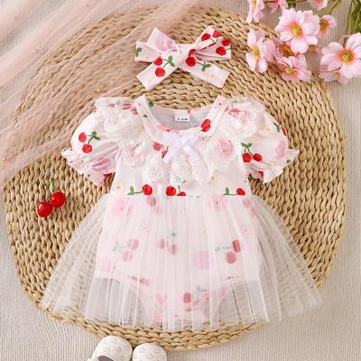 Pink Cherry Print Baby Girl Romper with Short Sleeves