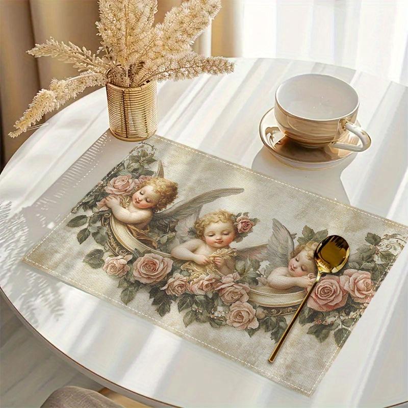 

6PC Vintage Cherub & Rose Placemats, Rectangular Table Mats with Golden Angels & Pink Roses Decor 6PC 30X45cm