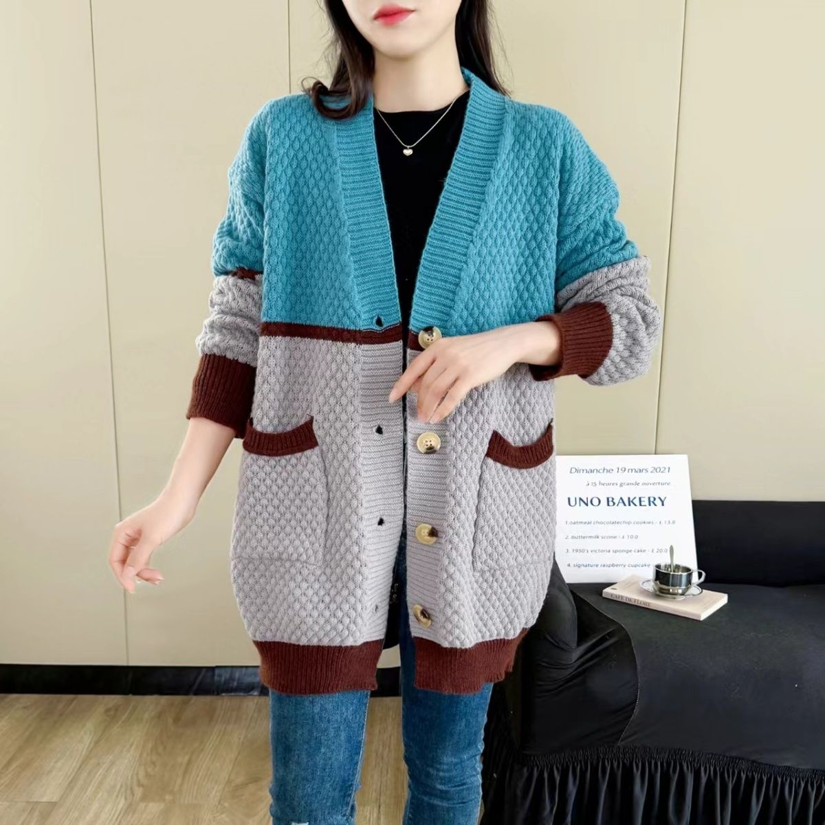 

Женский свитер большого размера, куртка весна-осень, свободный вязаный кардиган с цветными блоками, свитер, контрастный трикотажный жакет с V-образным вырезом 6XL небесно-голубой