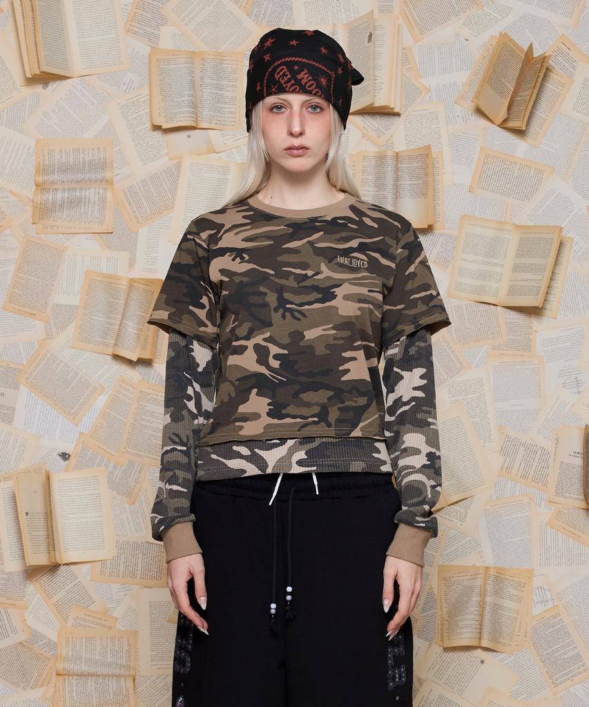 UNALLOYED Layered Sleeve Camo T-Shirt / Beige