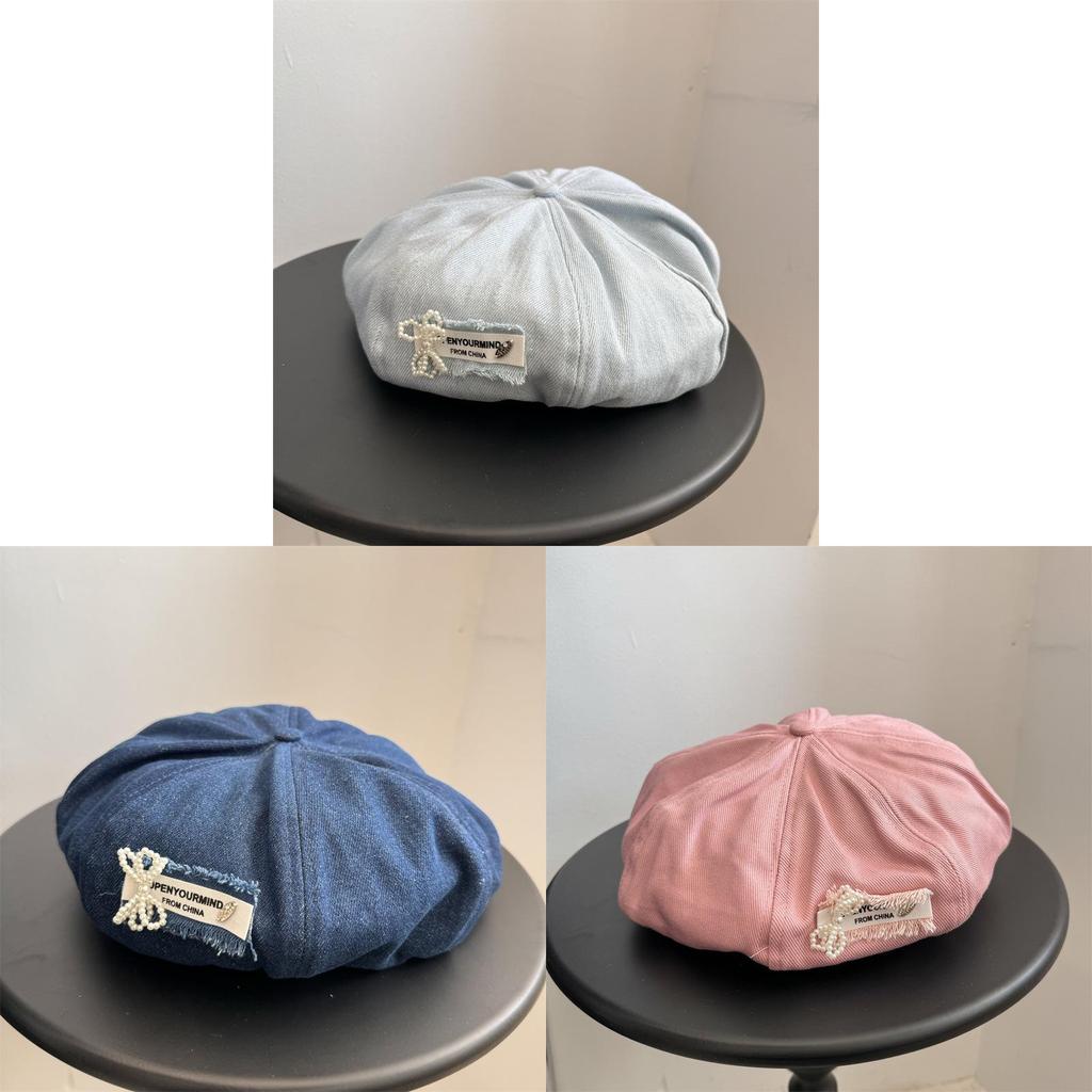 Ins Style Denim Beret Hat With Pearl Embellishments Cute And Stylish Headwear For Women