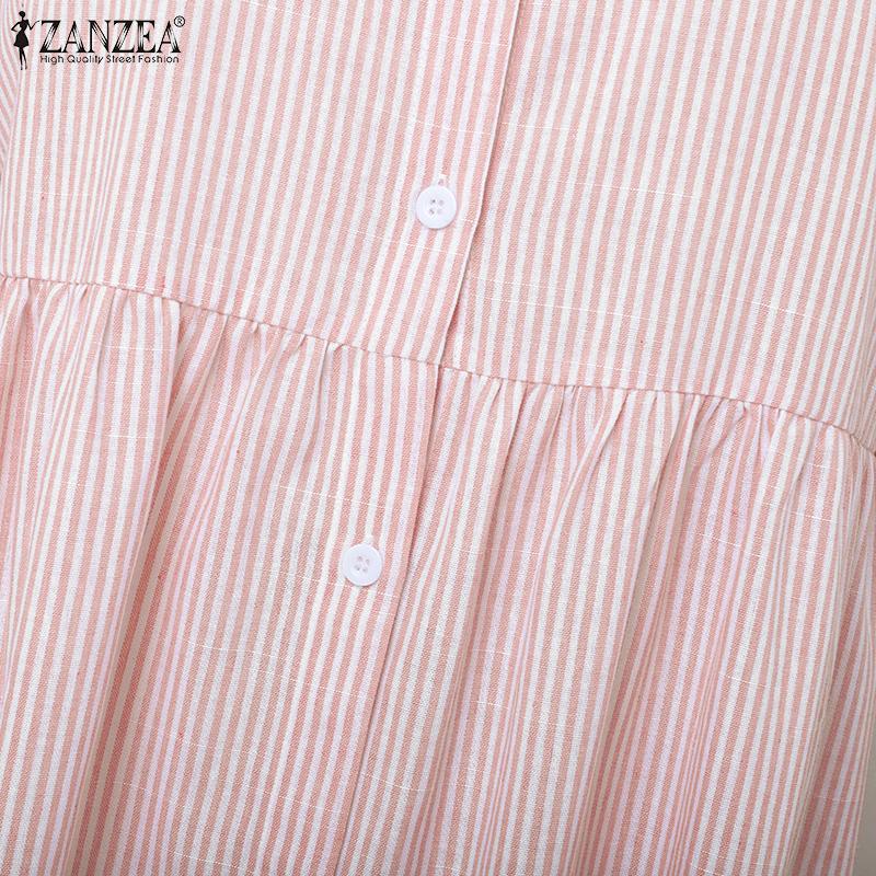 ZANZEA Women Summer Turn Down Collar Short Sleeve Casual Stripe Dress