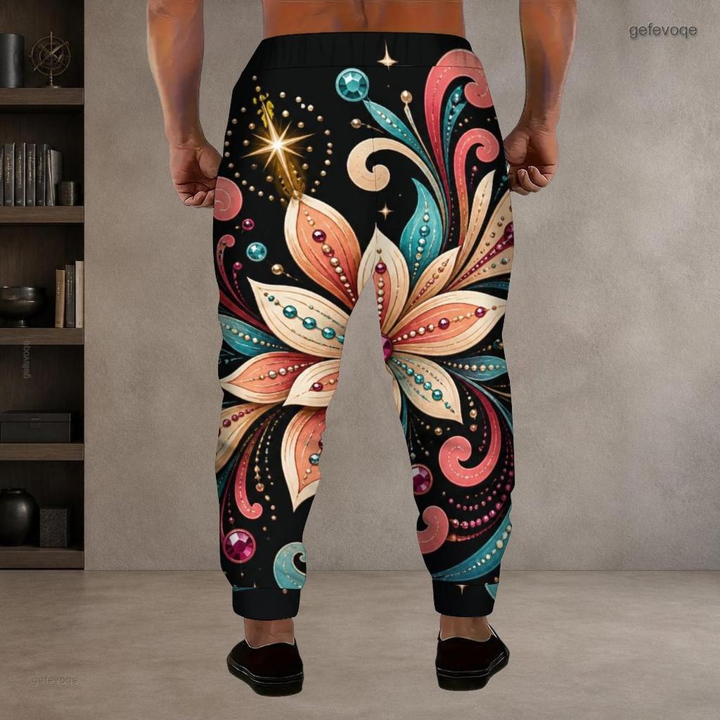 Men Plus Size Floral Printed Drawstring Waist Side Pockets Jogger Pants Cuffed Ankle Trousers
