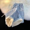 Women's Plush Denim Wide-Leg Pants: Elastic Waist & Drawstring, Loose Fit, Warm Retro Style for Autumn/Winter
