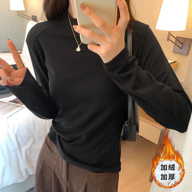 

Женская осенне-зимняя теплая футболка с длинными рукавами из начеса, тонким бархатным полувысоким воротником и неровной резинкой сверху XL