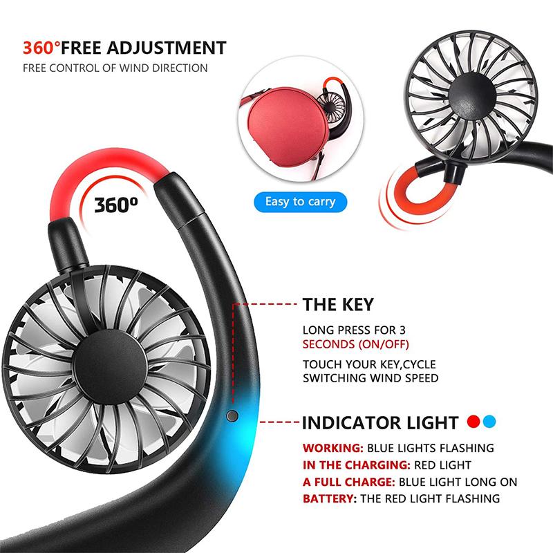 High Quality Headphone Design Hand Free Traveling Outdoor Portable Usb Rechargeable Led Neck Fan Mini Handheld Fan