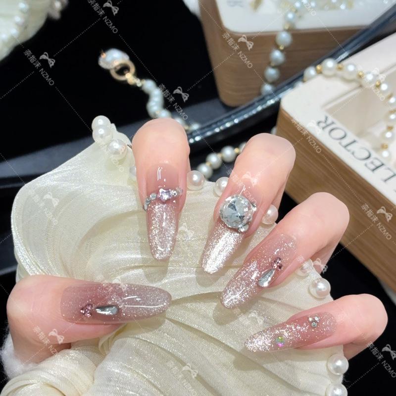 [L111] Translucent Pink Cat Eye Glitter Nails - Long-Lasting & Handmade M (Long Oval)