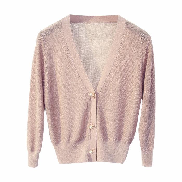 Women's Fashionable V-Neck Silk Knit Jacket - Lightweight, Short, Loose, Versatile, & Bright Sunscreen Shawl.