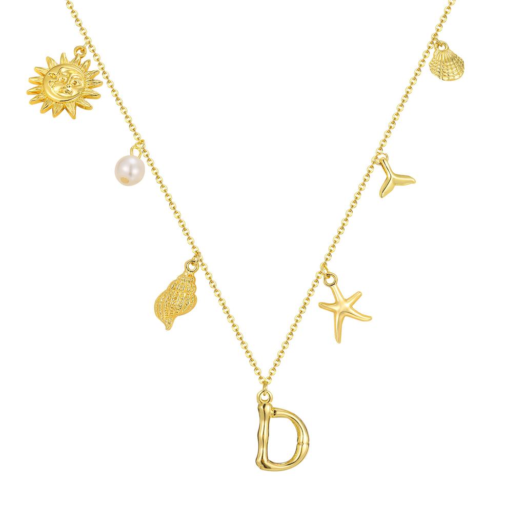 Initial Charms Necklace for Women, Boho Seashell Starfish Beach Letter A-Z Pendant, Summer Beach Vacation Jewelry