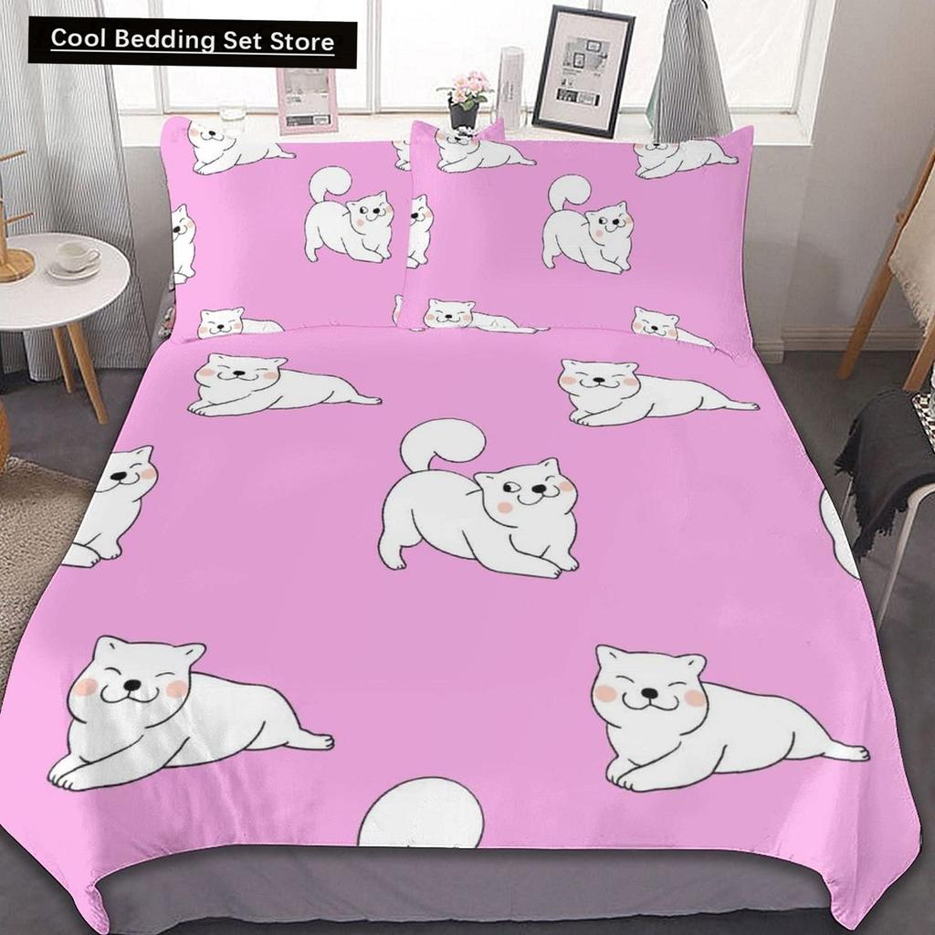 Cartoon Shiba Inu King Queen Bedding Set Yellow Pet Puppy Duvet Cover Cherry Blossoms Tree Quilt Cover Polyester Comforter Cover
