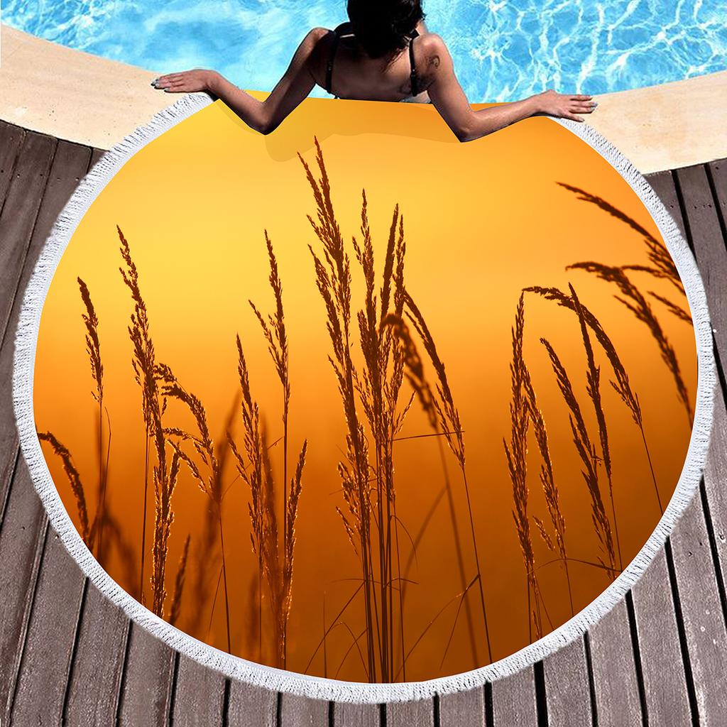 Wild Plant Fluttering Reed Round Beach Towel with Tassels,Polyester Beach Blanket,Soft Absorbent Quick Dry Pool Towel Picnic Mat
