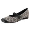 French retro square head leopard print one-word buckle with Mary Jane small leather shoes with skirts, beautiful low heels, light mouth single shoes 