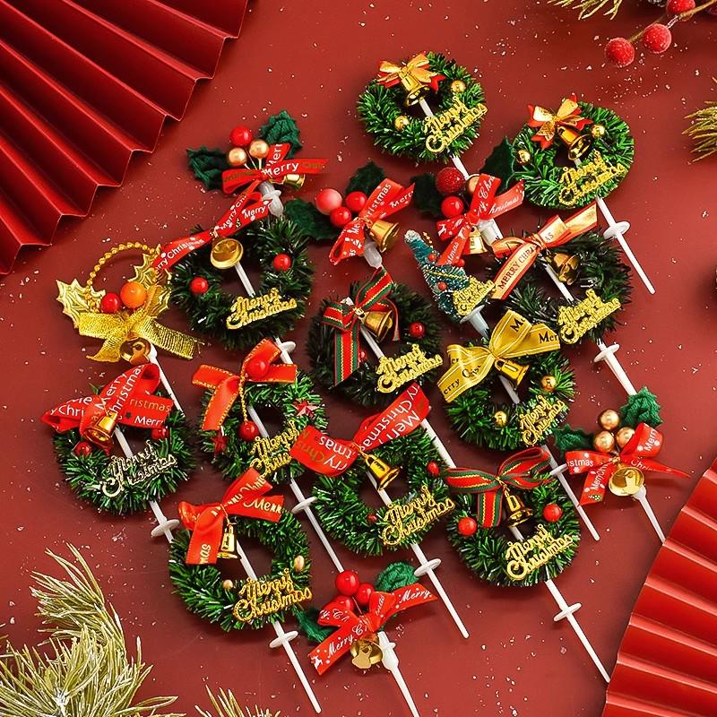 Christmas Decor Set: Card Inserts, Cake Toppers, Cup Garland, Wreath Ornaments, Strawberry Tower, Cartoon Star & Tree Decorations.