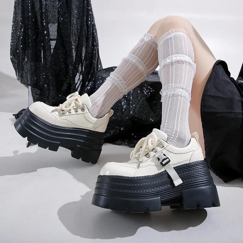 10CM Women Leather Platform Sneakers Spring Ladies Wedge Heels Chunky Shoes Pumps Woman Lace-Up Thick Sole Casual Walking Shoes