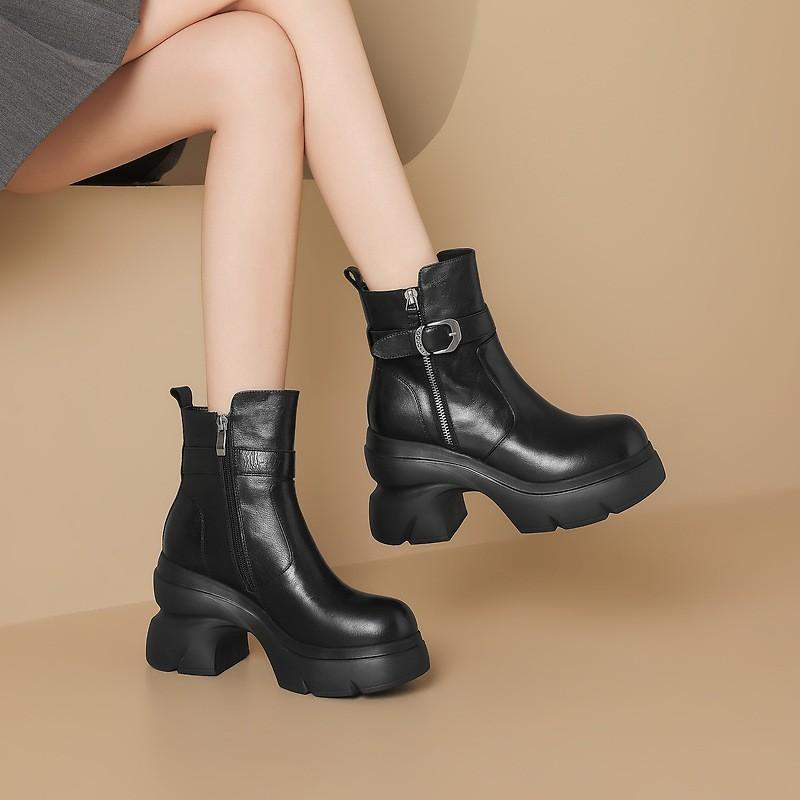 Womens Black Fashion Thick Sole Platform Short Boots Round Toe Chunky Heel Side Zip Motorcycle Fall Winter
