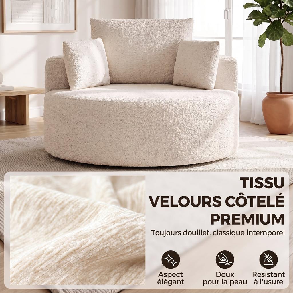Round Chenille Ottoman Sofa, 2 Cushions, Backrest, Bolster, Load 250 kg, 130 x 130 x 82 cm, Cream