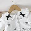 Girls Black and White Bow Print Doll Collar Long Sleeve A-Line Dress 2-Piece Set
