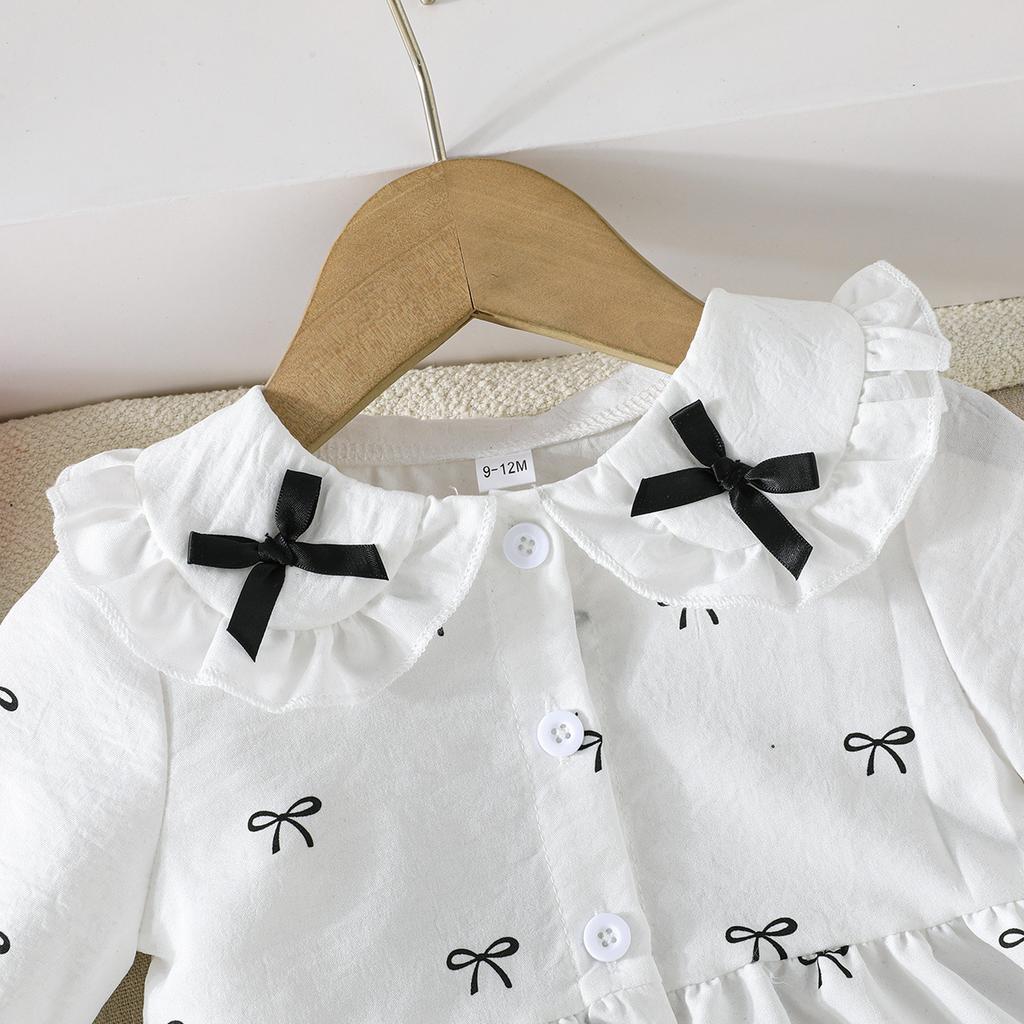 Girls Black and White Bow Print Doll Collar Long Sleeve A-Line Dress 2-Piece Set