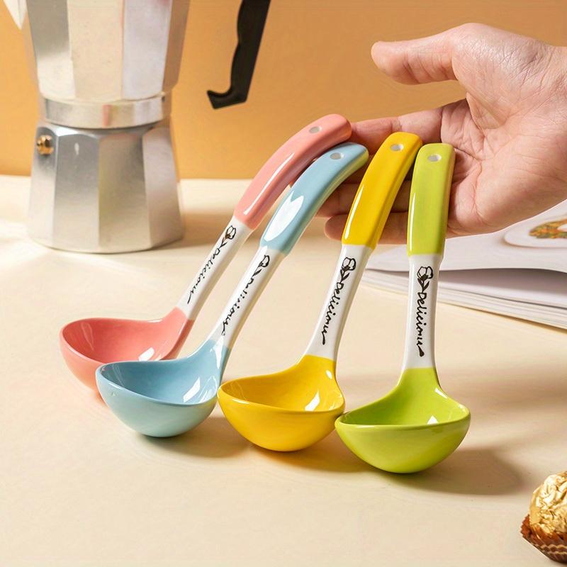 4pcs, Soup Spoon, Ceramic Soup Spoon, Cute Ceramic Soup Spoon, Kitchen Soup Spoon With Long Handle, Hangable Soup Spoon For Noodles, Kitchen Stuff