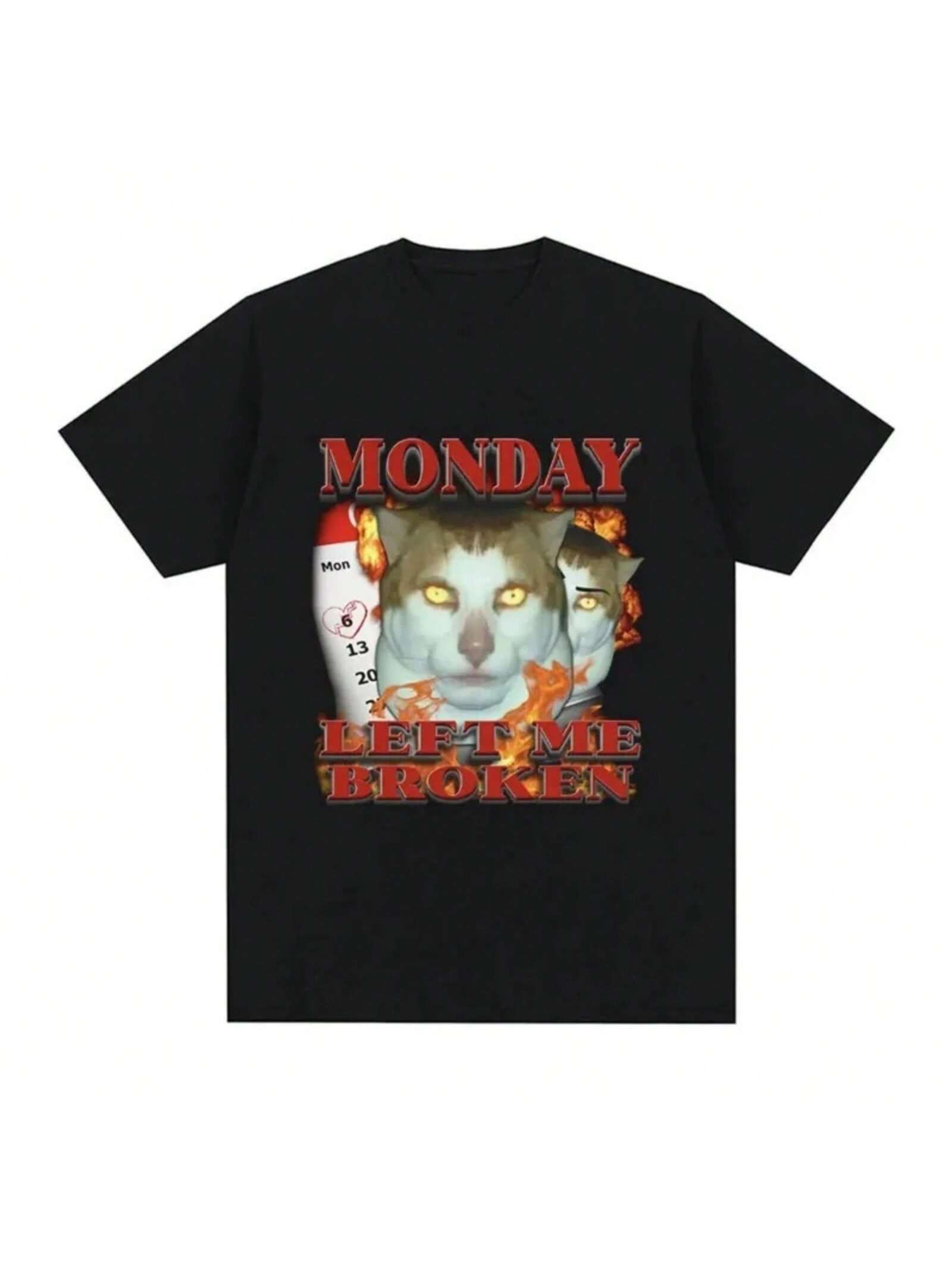 Funny Monday Left Me Broken Cat Meme Pattern T-Shirt Style Casual Short Sleeve T-Shirt Fashion Retro Oversized T-Shirt S разноцветный