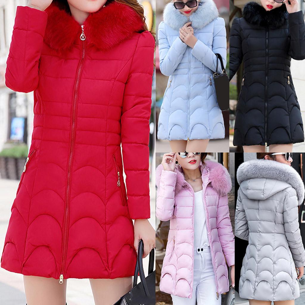 Women Hooded Outwear Warm Coat Long Thick Furry Collar Cotton Slim Jacket