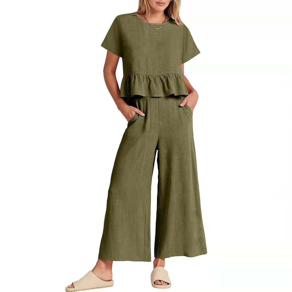 Pants Sets Women 2 Piece Outfits Sleeveless Round Neck Tank Tops Matching Sets for Women Elastic Waist Wide Leg