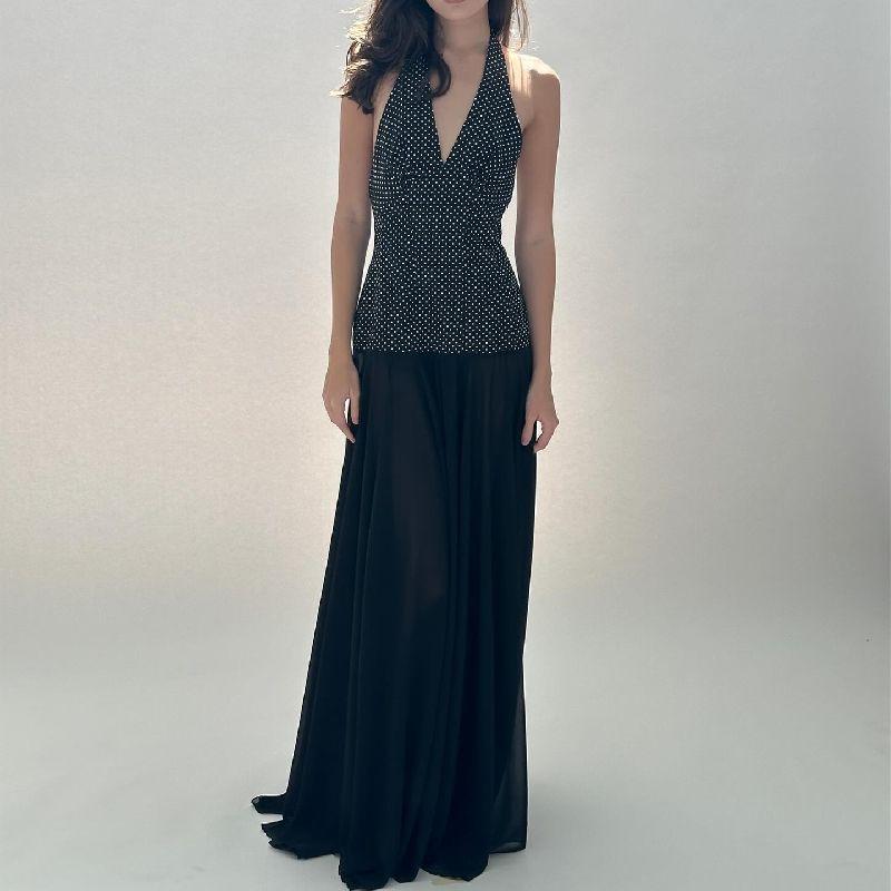 

French Mature Elegant Retro Dots Print V-neck Halter Dress Female Sexy Open Back Slim-Fit Figure Flattering Long Dress Black(Dress) L