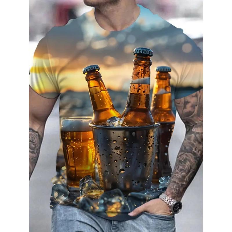 Camiseta Masculina Elegante Com Estampa De Cerveja 3D All-Over Print Design Camisetas Gráficas De Cerveja Masculinas Com Gola Redonda E Manga Curta