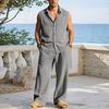 European Men's Linen Sleeveless Lapel Shirt & Long Pants Set – Breathable for Vacation