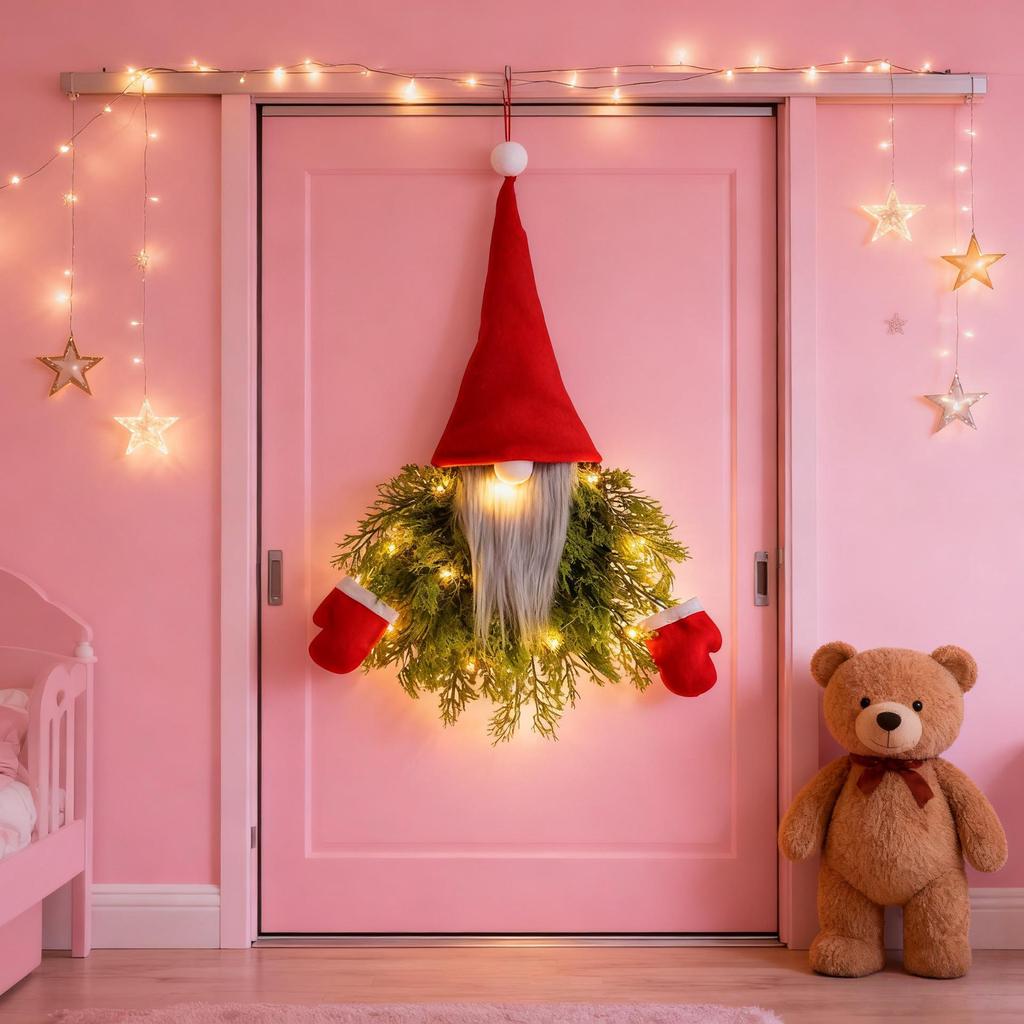 Festive Light-Up Gnome Ornament with Pine Branch for Wall & Door Décor