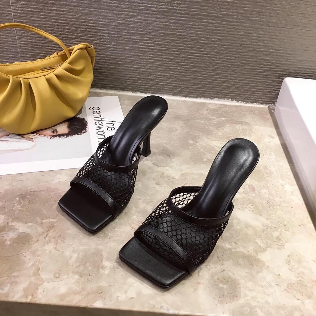 2024 Summer Open Toe High Heel Female Thin Heel Sandal Slip on Mesh Women Slippers Hollow Out Slides Sexy Pumps