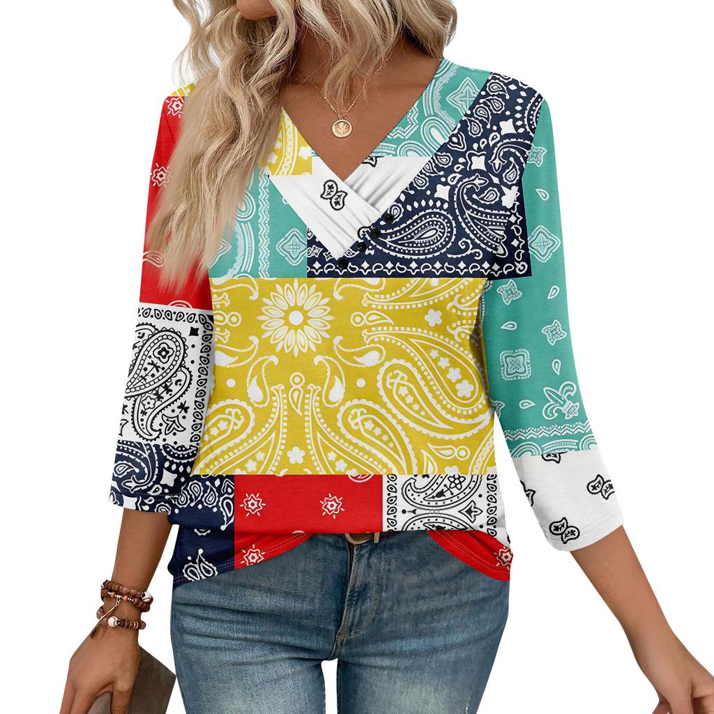 Womens 3/4 Sleeve Daily Weekend V Neck Casual Printed Tshirts Loose Fit Pleated Tees Button Down Shirts