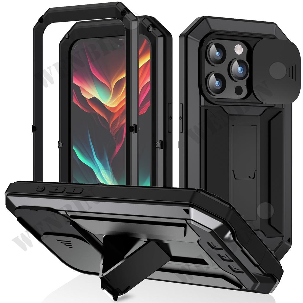 Militärische Hülle für IPhone 15 14 13 Pro Max Mini Grade Ganzkörper Robuste Luxus Eingebauter Ständer Schiebe Kamera Schutzhülle