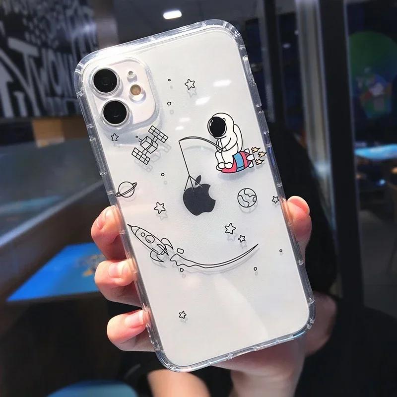 Funda de Teléfono Divertida de Dibujos Animados de Astronauta para iPhone 16 15 14 13 12 11 Pro Max Mini X XS XR 7 8 Plus Transparente Suave a Prueba de Golpes