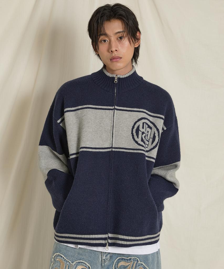 Waikei Colorblock Logo Zip-Up Cardigan Navy