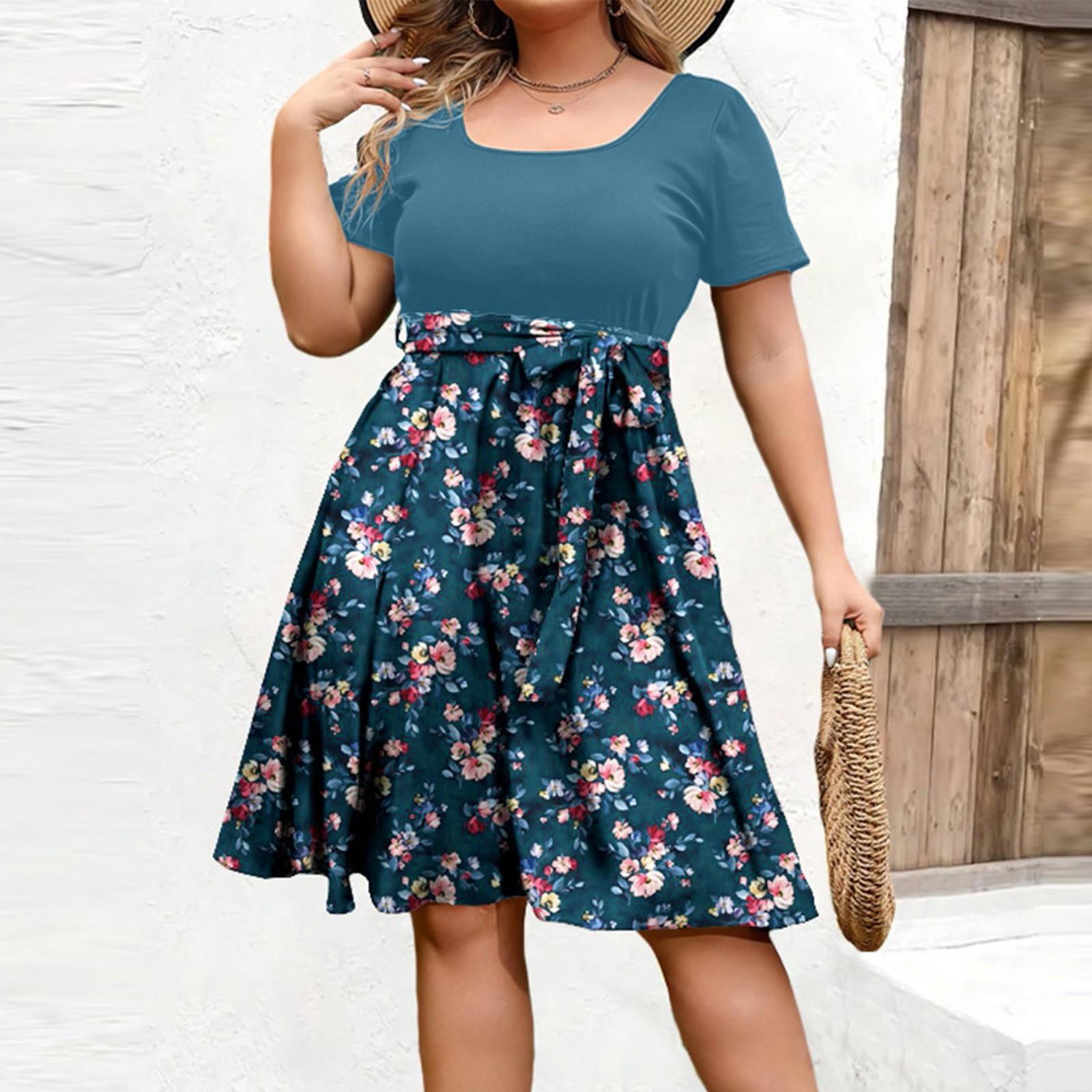 Женское модное и трендовое платье с круглым вырезом и короткими рукавами на талии с принтом размера плюс L тёмно-синий