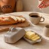 Porta Manteiga para Bancada Prato de Cerâmica com Tampa e Faca de Madeira Suporte Rústico para Cozinha Bandeja Recipiente Caixa para Armazenamento na Geladeira e Servir na Mesa