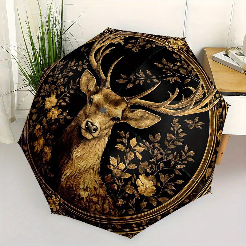 

Golden Deer Portrait with Floral Frame Wall Art DecorUmbrella with Cute Design, Portable 3-Fold Compact Umbrella for Men & Women, Valentine s Day Moth