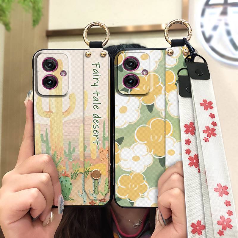 Soft case Wrist Strap Phone Case For MOTO G55 5G Oil Painting Flower Phone Holder Anti-dust Shockproof Lanyard Kickstand