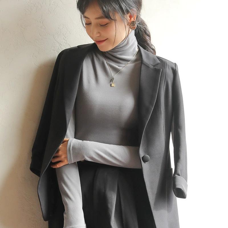 Solid Color Turtleneck Bottoming Shirt Women's Inner Autumn and Winter Plus Velvet Thickened Long-sleeved Bottoming Shirt Tight-fitting T-shirt