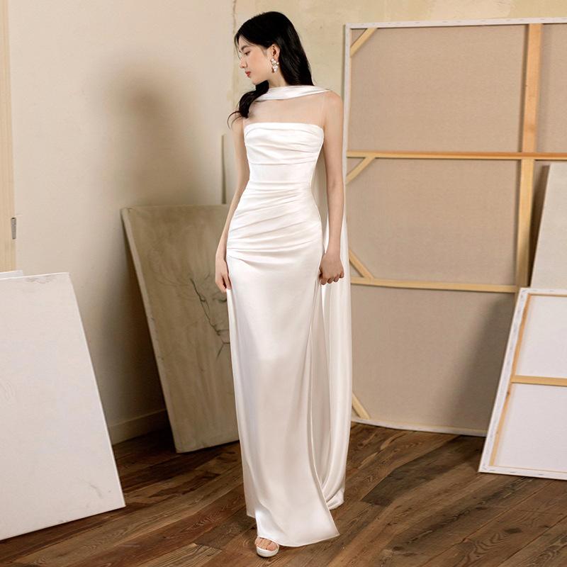 1011 French light wedding dress bride white simple and thin dress bar mitzvah banquet satin morning gown dress women