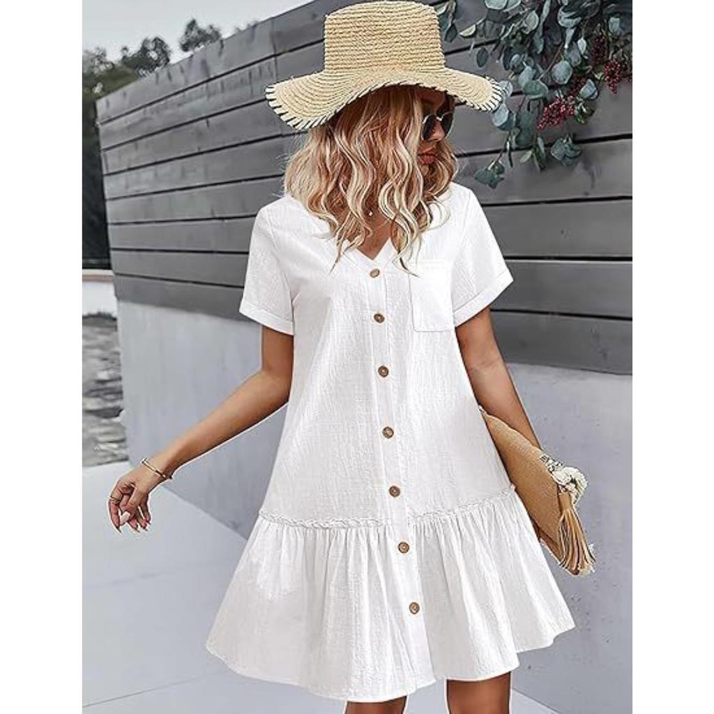 Summer Women's Short Sleeve Dress, Single Breasted Loose A-line Dress with Pockets Ruffle Hem Casual Dress