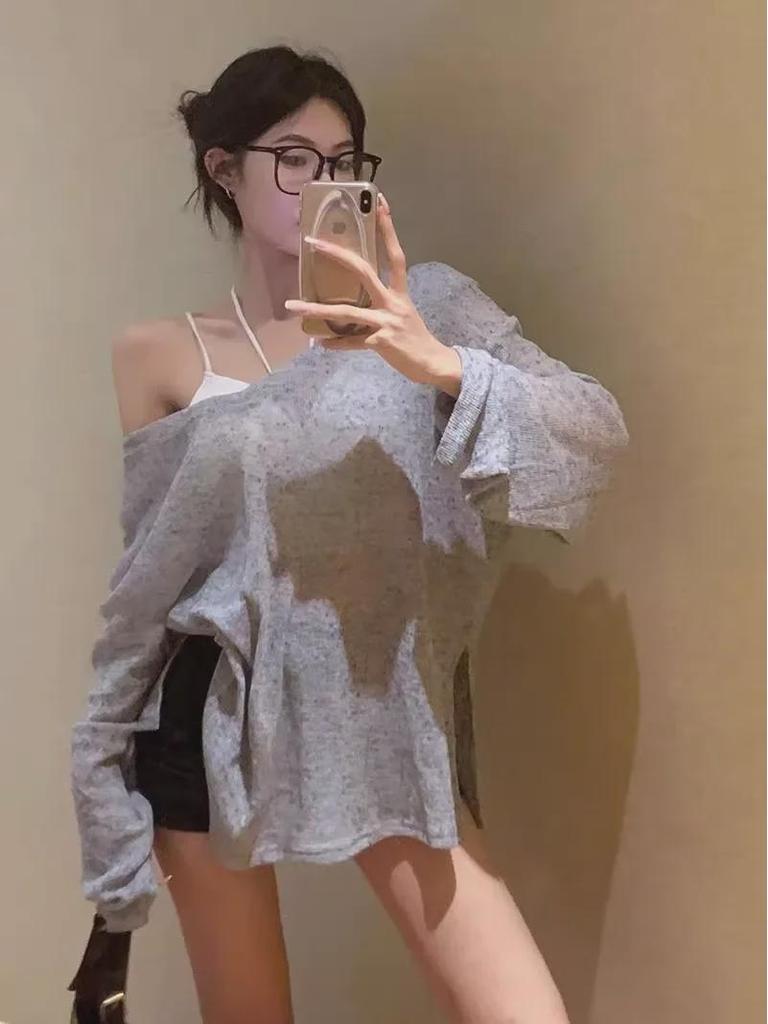 Blouse d'été à col en V et manches longues, protection solaire, style Hong Kong pour femme - Printemps/Été, fine, coupe ample